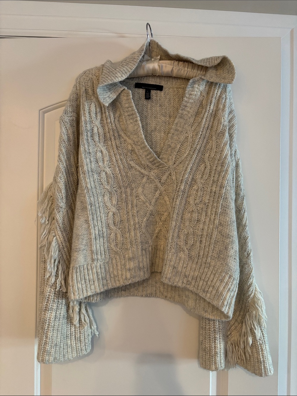 White House Black Market Cream Cable-Knit V-Neck Fringe Sweater